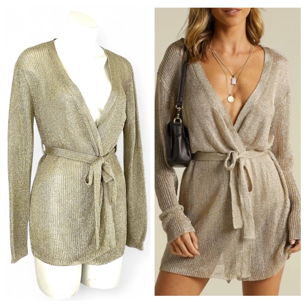 Lioness Take Me To Rio Gold Metallic Long Sleeve Mini Wrap Dress Size XS